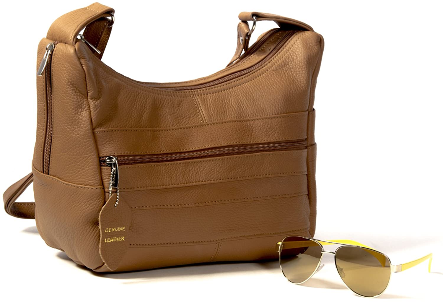 Price:$26.85 Goson Womens Genuine Leather Multi Pocket Shoulder Handbag Purse Light Brown  Handbags   