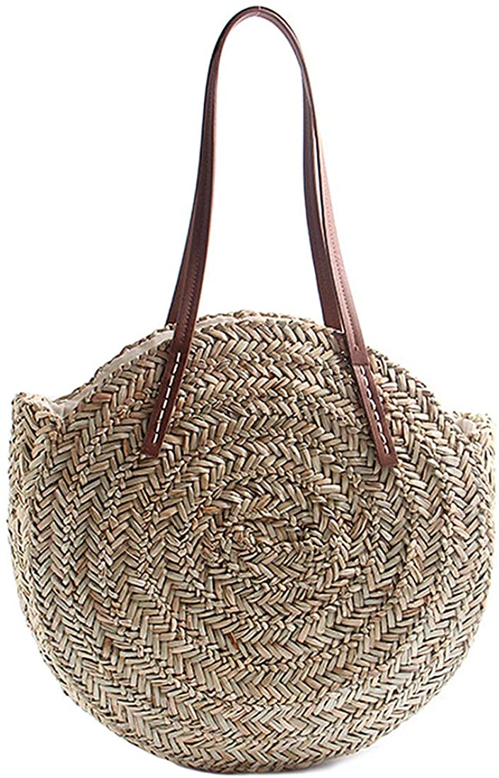 Price:$28.99    Women Round Straw Shoulder Bag Tote Summer Woven Beach Bags  Clothing