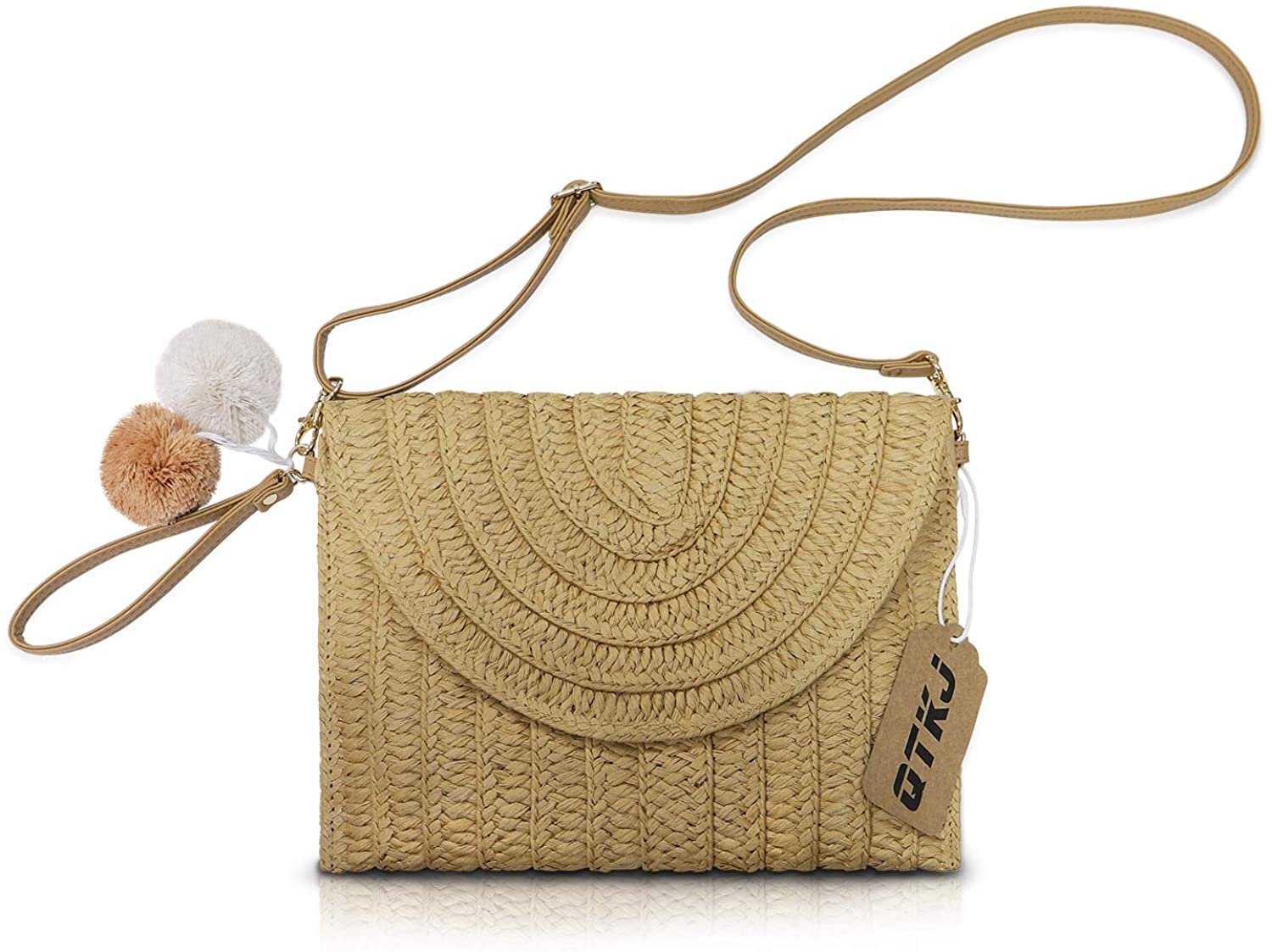 Price:$19.99 QTKJ Women's Summer Beach Clutch Straw Bag Woven Envelope Pom Pom Handbag with Leather Handles and Shoulder Strap (Light Brown)  Handbags   