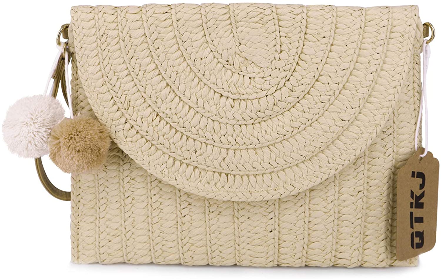 Price:$26.99 QTKJ Women's Summer Beach Clutch Straw Bag Woven Envelope Pom Pom Handbag with Leather Handles and Shoulder Strap (Beige)  Handbags   
