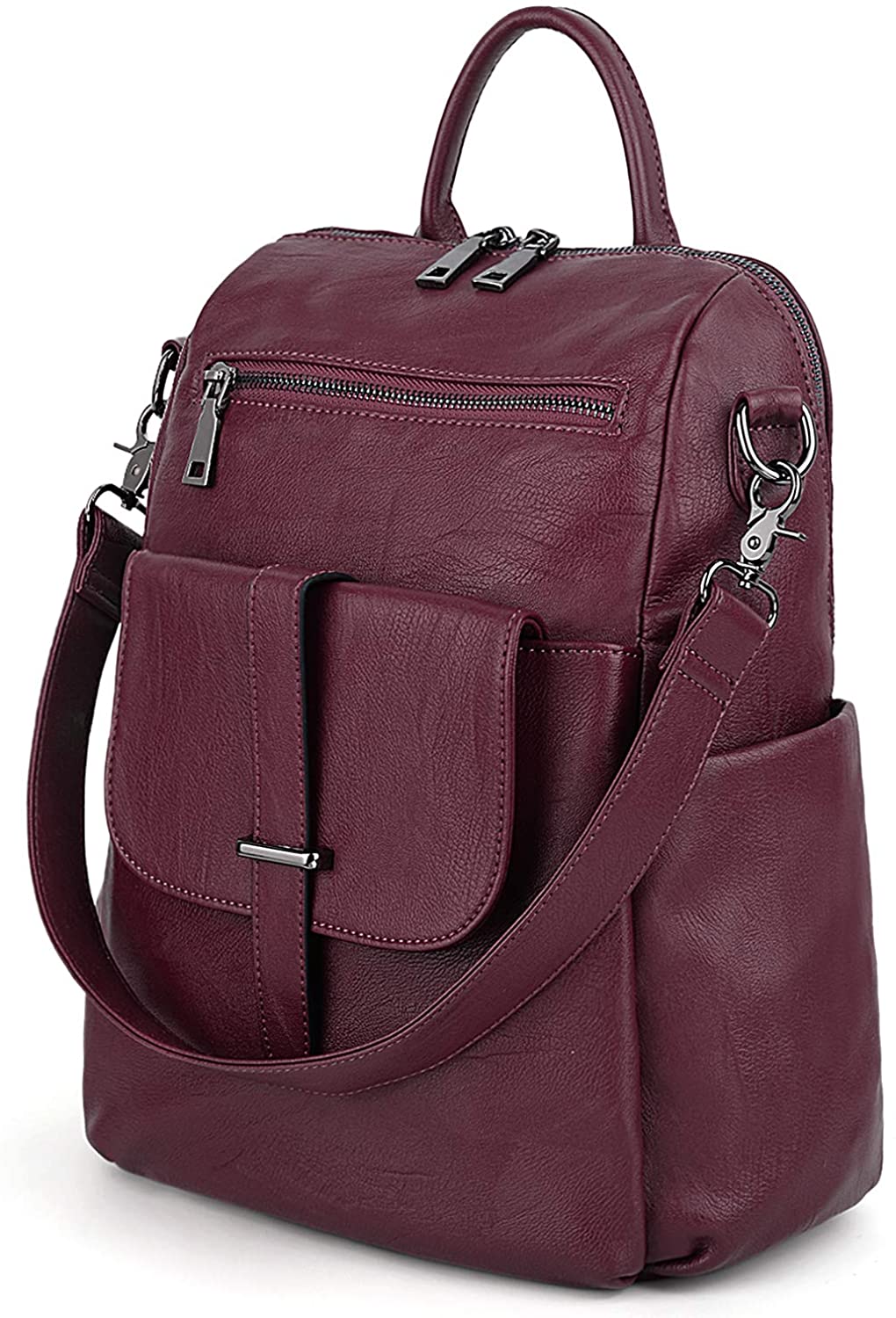Price:$34.99    UTO Women Backpack Purse PU Washed Leather Convertible Ladies Rucksack Front Belt Pocket Shoulder Bag A Red  Clothing