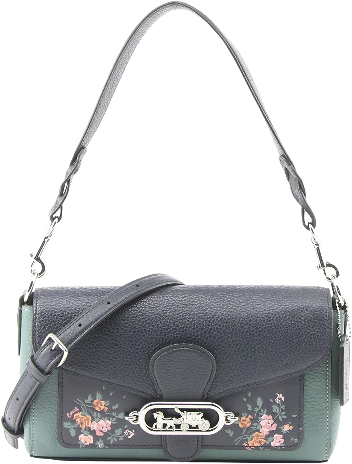 Price:$218.99 Coach Women's Small Jade Leather Cross-body Shoulder Bag with Rose Bouquet in SV Midnight, Style 91024  Handbags   