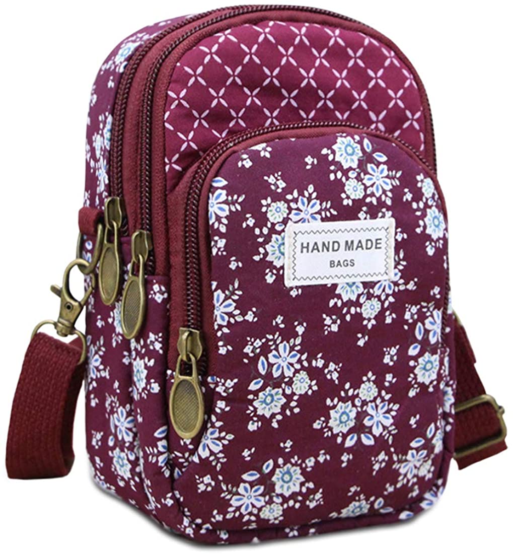 Price:$8.99 WITERY Small Cotton Cross Body Bag Retro Style Lightweight Casual Mobile Phone Bag Key Bag Multipurpose Pockets Floral Pattern Shoulder Bag For Women Fuchsia  Handbags   