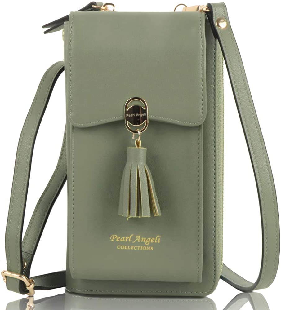 Price:$24.99 Pearl Angeli Women Cross-body Phone Bag RFID Blocking Shoulder Purse Wallet Vegan Leather Cell-Phone Handbag Organizer Wrist Bag (Green)  Handbags   