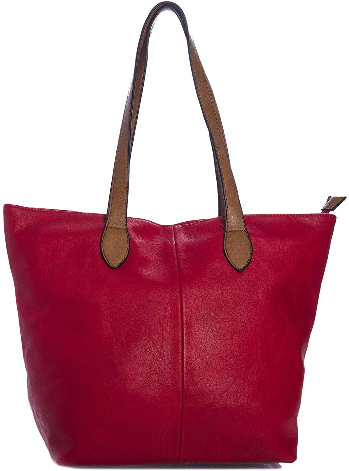 Price:$20.00    Mabel Womens Lightweight Plain Handbag - Soft 100% Vegan PU Leather Tote Shoulder Bag - FRANCESCA (Design 1 - Red)  Clothing