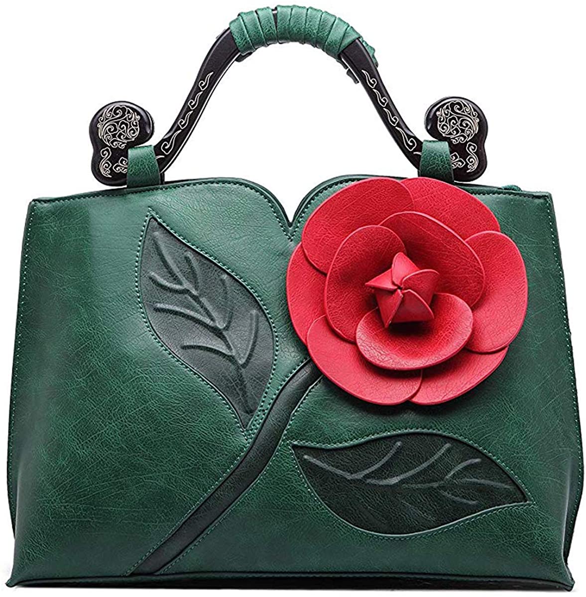 Price:$40.99    Ruiatoo Handbag for Women Flower Fashion Satchel Tote PU Leather Shoulder Bags Wedding Clutch Purse Deep Green  Clothing