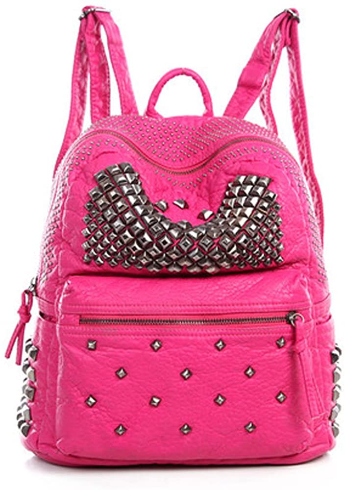 Price:$32.99 Catkit Womens Rivet Studded Punk Style Tote Handbag Preppy Shoulder Bag Student Backpack Hot Pink  Handbags   