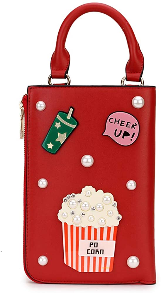 Price:$19.99 ENJOININ Cute Fun Popcorn Badge Clutch Purse Tote Bag Pu Leather Funky Shoulder Bag for Women Crossbody Chain Bag Handbag (red)  Handbags   