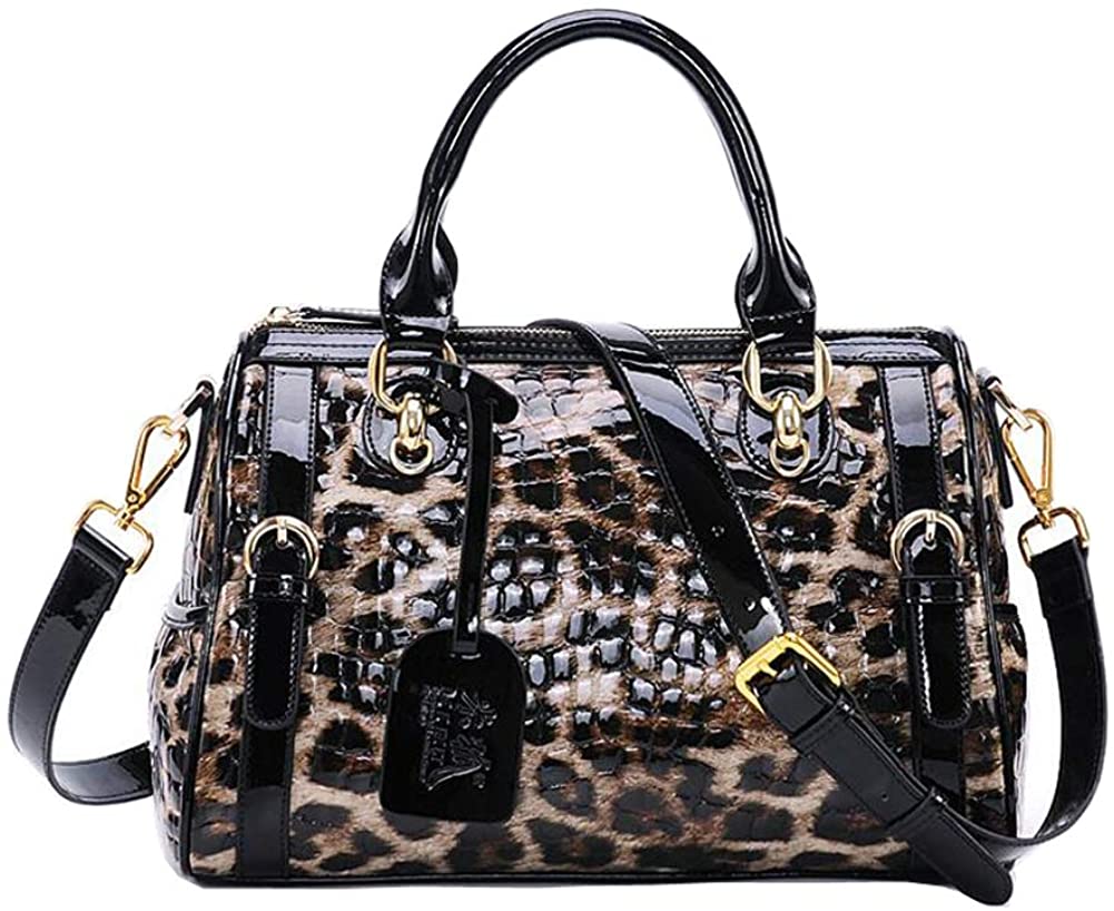 Price:$79.99 Urecimy Womens Real Leather Leopard Embossed Boston Tote Purse Shoulder Crossbody Bag  Handbags   