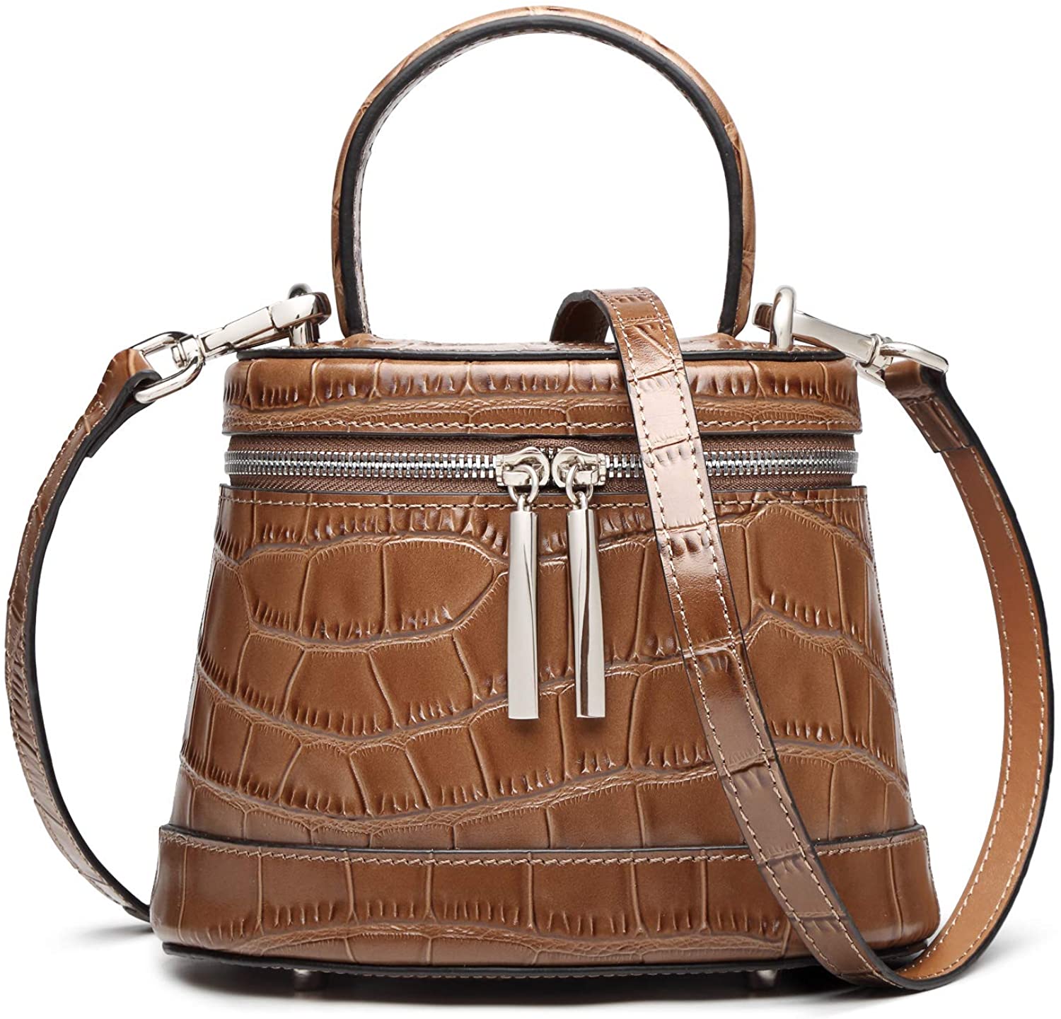 Price:$69.99    FEIKUNA Women's Leather Designer Handbags Tote Purses Shoulder Bucket Bags (brown)  Clothing