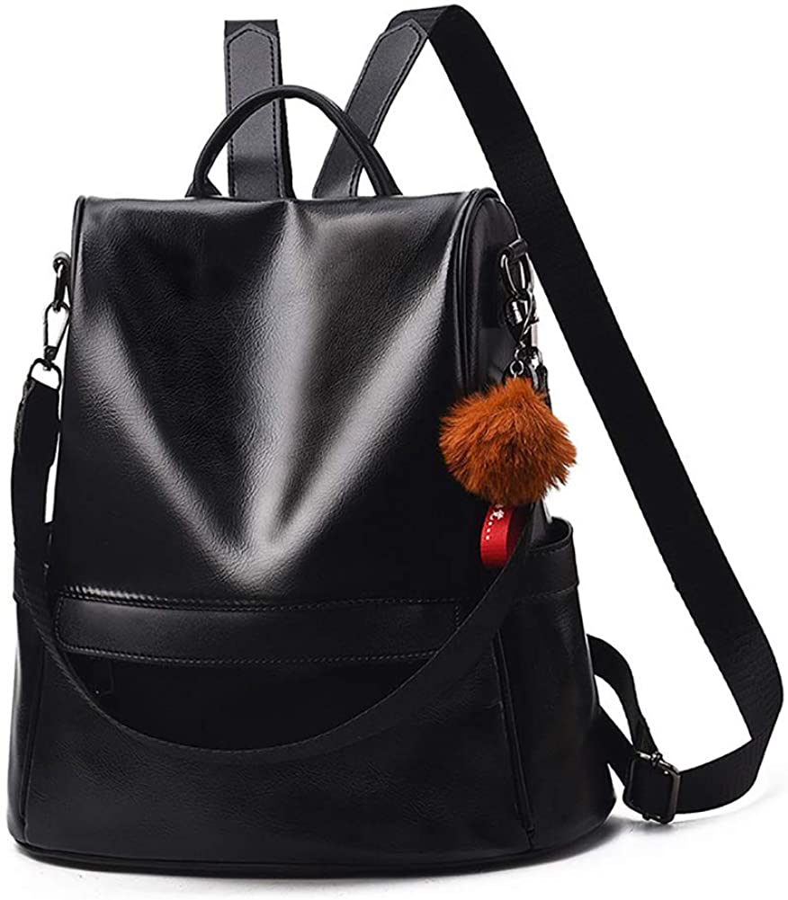 Price:$23.99    Women Anti-theft Backpack Purse PU Leather Casual Shoulder Bag Fashion Ladies Satchel Bags with Pompoms Black  Clothing