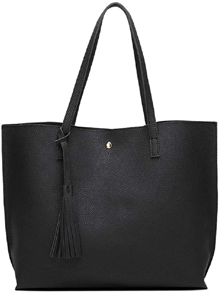 Price:$0.00    Women's Soft Leather Tote Shoulder Bag from Nathalie, Large Fashionable Tassel Handbag (Black)  Clothing