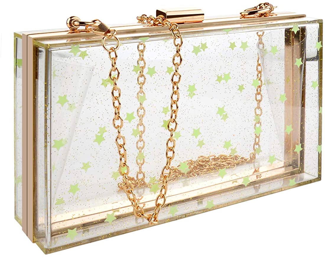 Price:$18.99    LinkIdea Clear Purse Acrylic Box Evening Clutch Bag Moonlight Star Visual Feast Transparent Crossbody Shoulder Handbag for Women, fits Party, School Prom, Fest & Concerts (2 Gold Chains)  Clothing