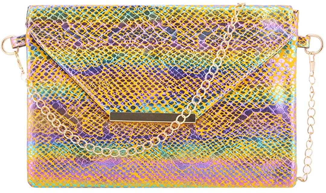 Price:$15.99 Naimo Women’s Shoulder Snakeskin Envelope Clutch Handbag Colorful Chain Bag Rainbow Holographic Purses  Handbags   