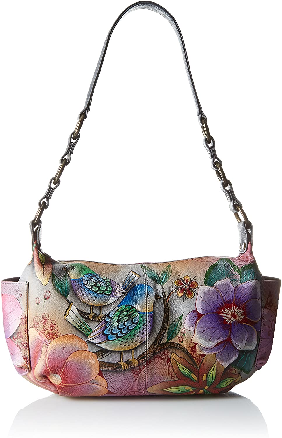 Price:$197.99    Anuschka Women’s Leather East West with Side Pockets | Hand Painted Original Artwork | Blissful Birds  Clothing