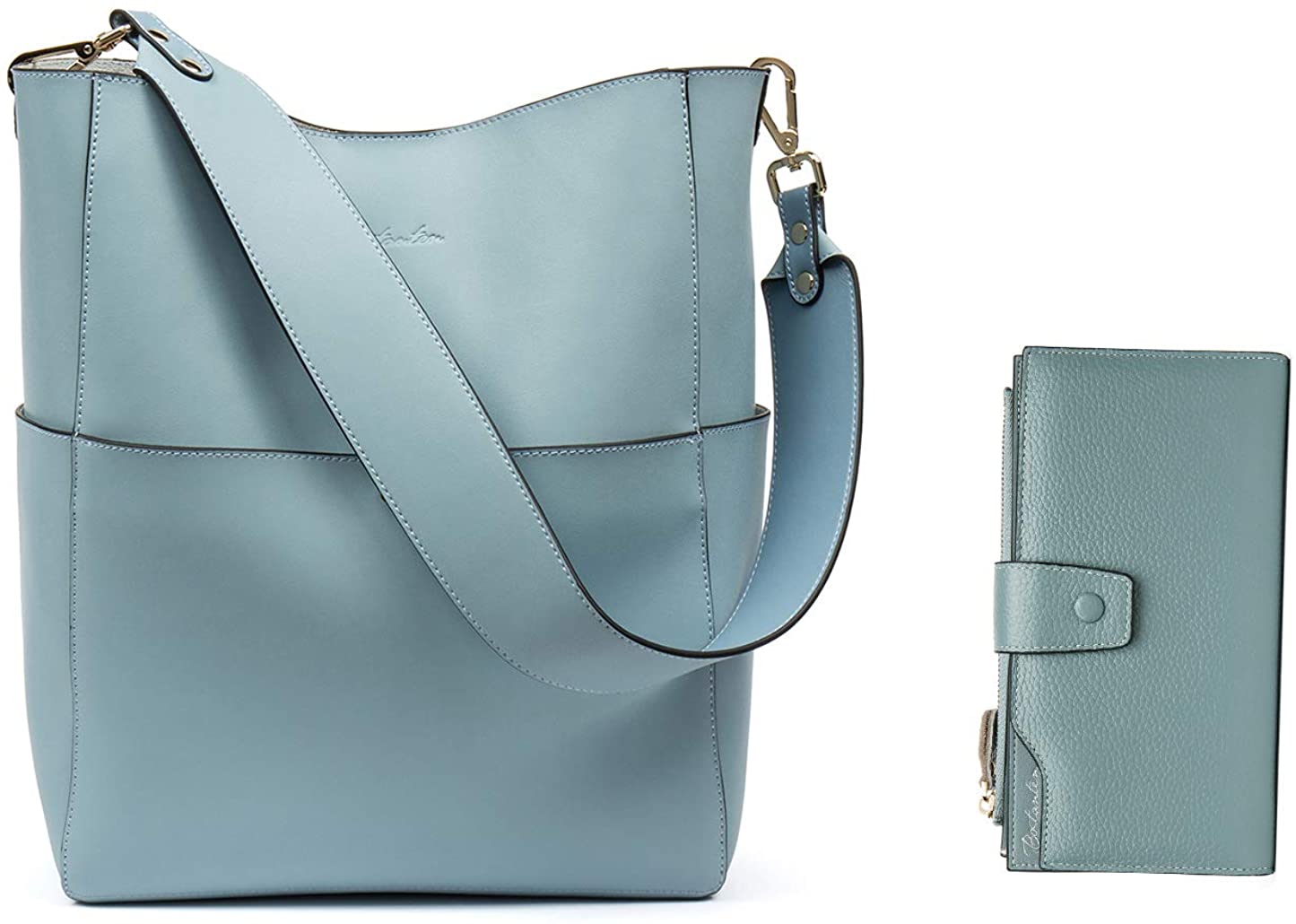 Price:$0.00 BOSTANTEN Women's Leather Designer Handbags Tote Purses Shoulder Bucket Bags Light Blue+BOSTANTEN Womens Wallet Genuine Leather Wallets Large Capacity Cash Cluth Purses with Zipper Pocket Blue Grey  Handbags   