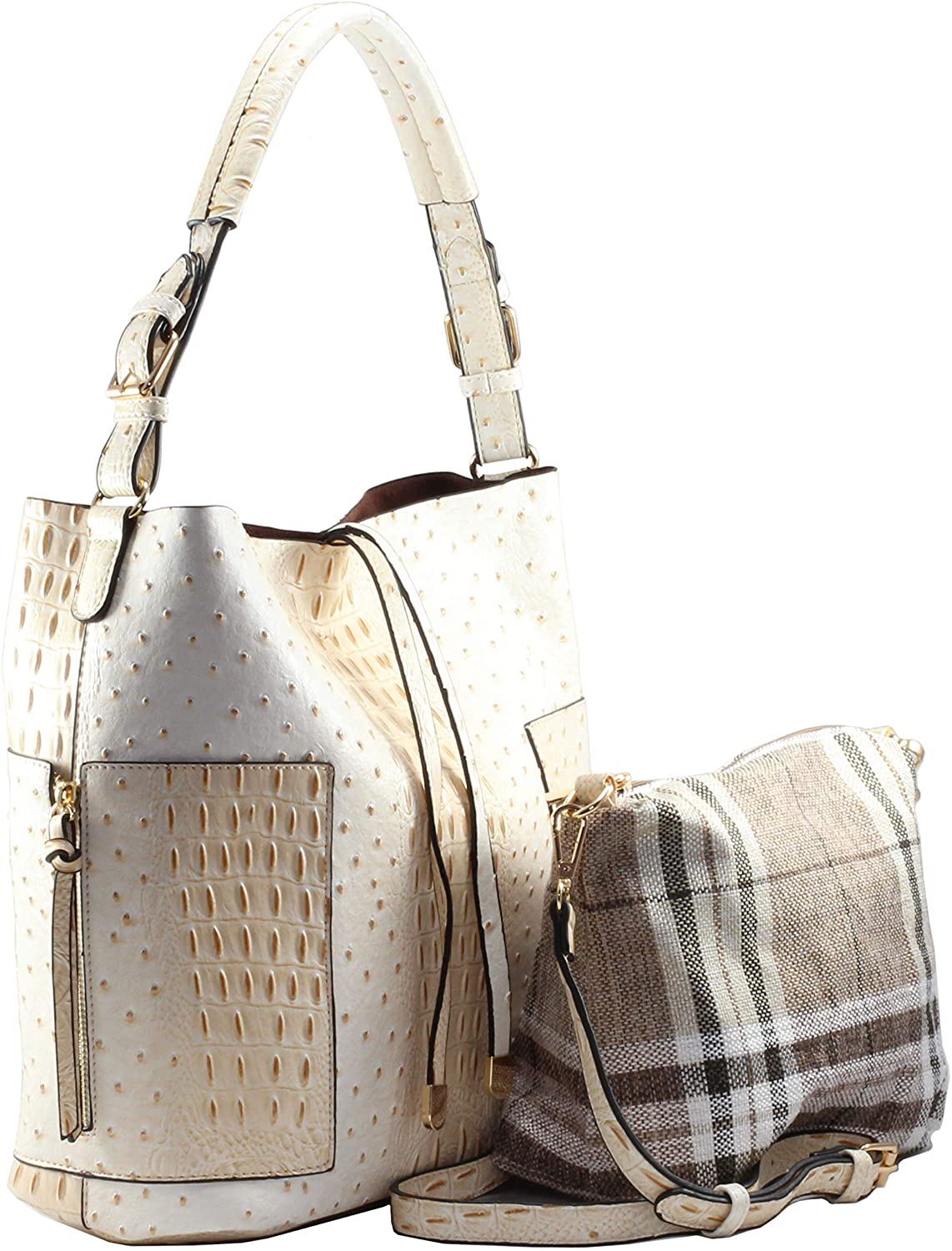 Price:$0.00    2 PC Set Ostrich Croco Embossed Vegan Faux Leather Square Hobo Shoulder Bag with Crossbody Purse (Off White)  Clothing