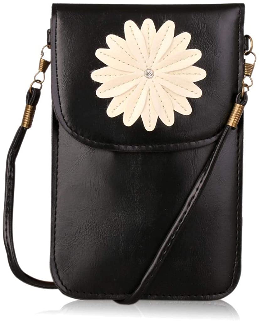 Price:$10.99 Small floral Women Girls Cell Phone Crossbody Purse Wallet Shoulder Bag with Touch Screen View Window (Black)  Handbags   