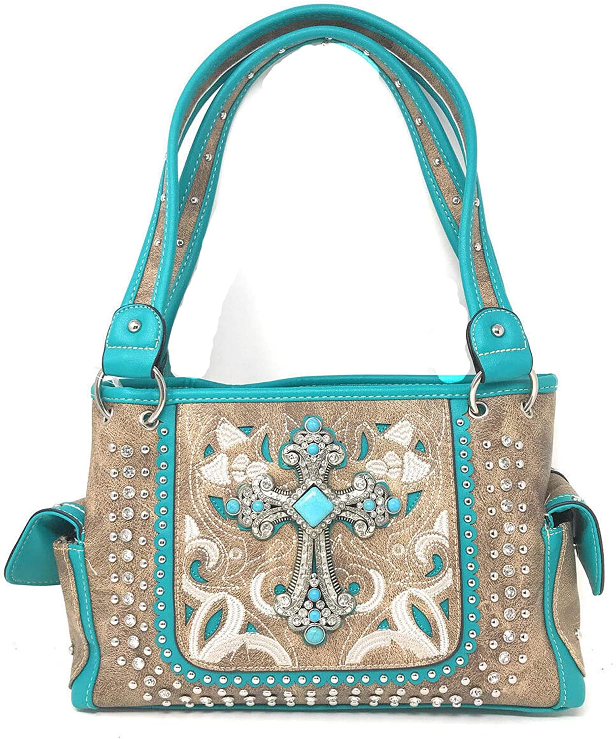 Price:$41.99 Women Western Cross Top Handle Shoulder Concealed Carry Handbag Beige  Handbags   