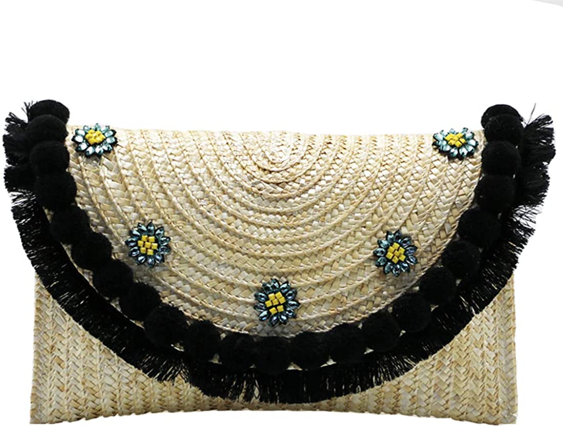 Price:$20.99    Women's Beach Bag Straw Clutch Handbag Messenger Bag Envelope Bag Pom Pom Tassel Crossbody Shoulder Bag  Clothing