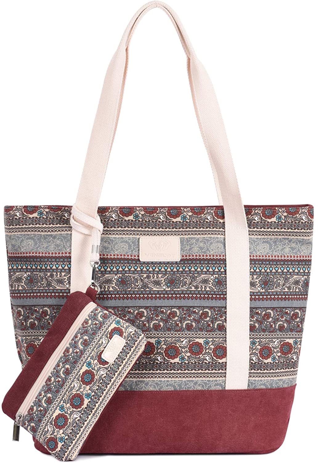 Price:$15.99 Canvas Tote Bag Womens Shoulder Handbag with Purse (Maroon)  Handbags   