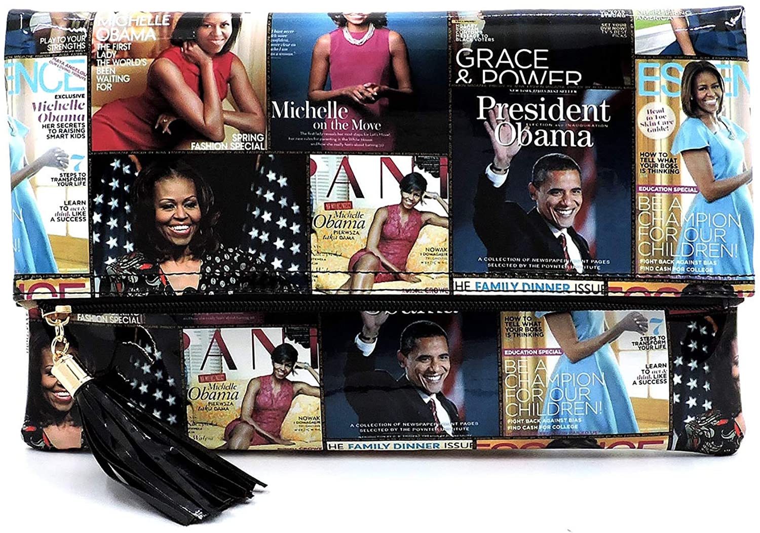 Price:$0.00 Glossy magazine cover collage clutch bag purses Michelle Obama bags with chain shoulder strap (Tassels-MT/BK)  Handbags   