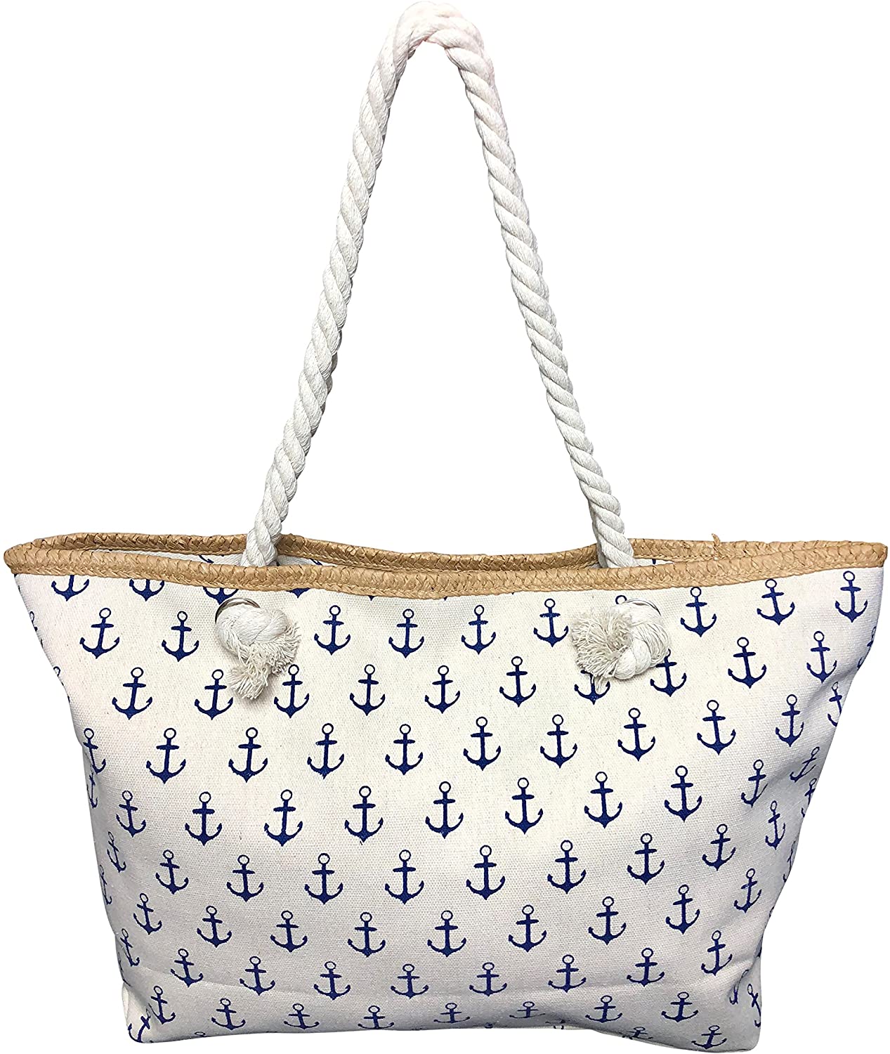 Price:$19.99    LuluVin Beach Bag Large Tote Canvas Shoulder Bag with Zipper and Inside Pocket (Cream with Anchors)  Clothing