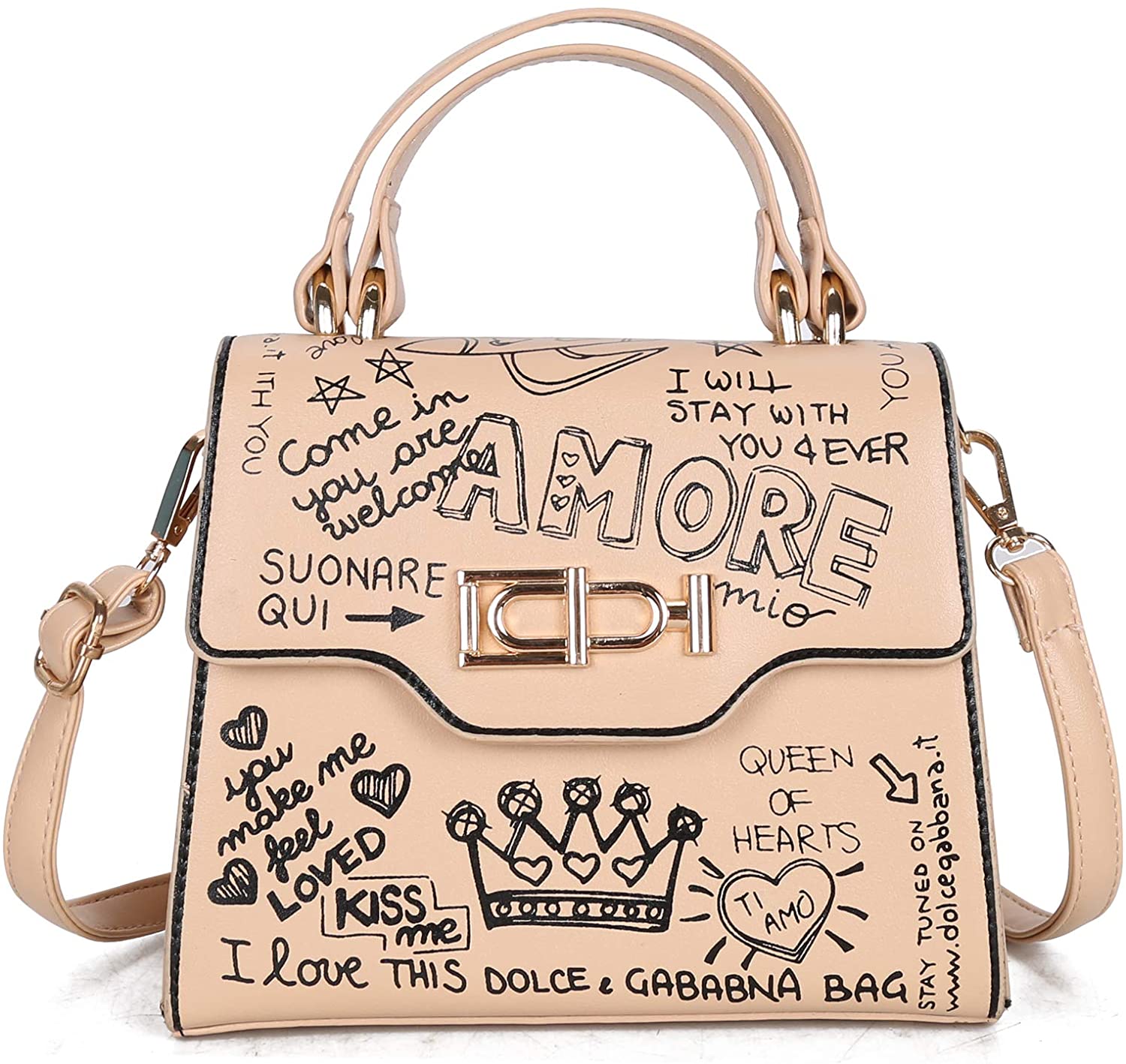 Price:$35.99 Women Color Graffiti Printed Shoulder Bags, Luxury Chain Handbags, Vintage Cool Graffiti Stylish, Messenger Bag, Small Square Bag (Beige)  Handbags   