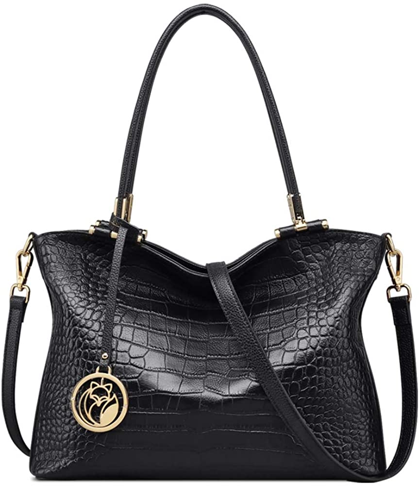 Price:$86.99 iFOXER Genuine Leather Handbags for Women Crocodile Pattern Ladies Top-handle Bags with Adjustable Shoulder Strap Messenger Bags (black)  Handbags   