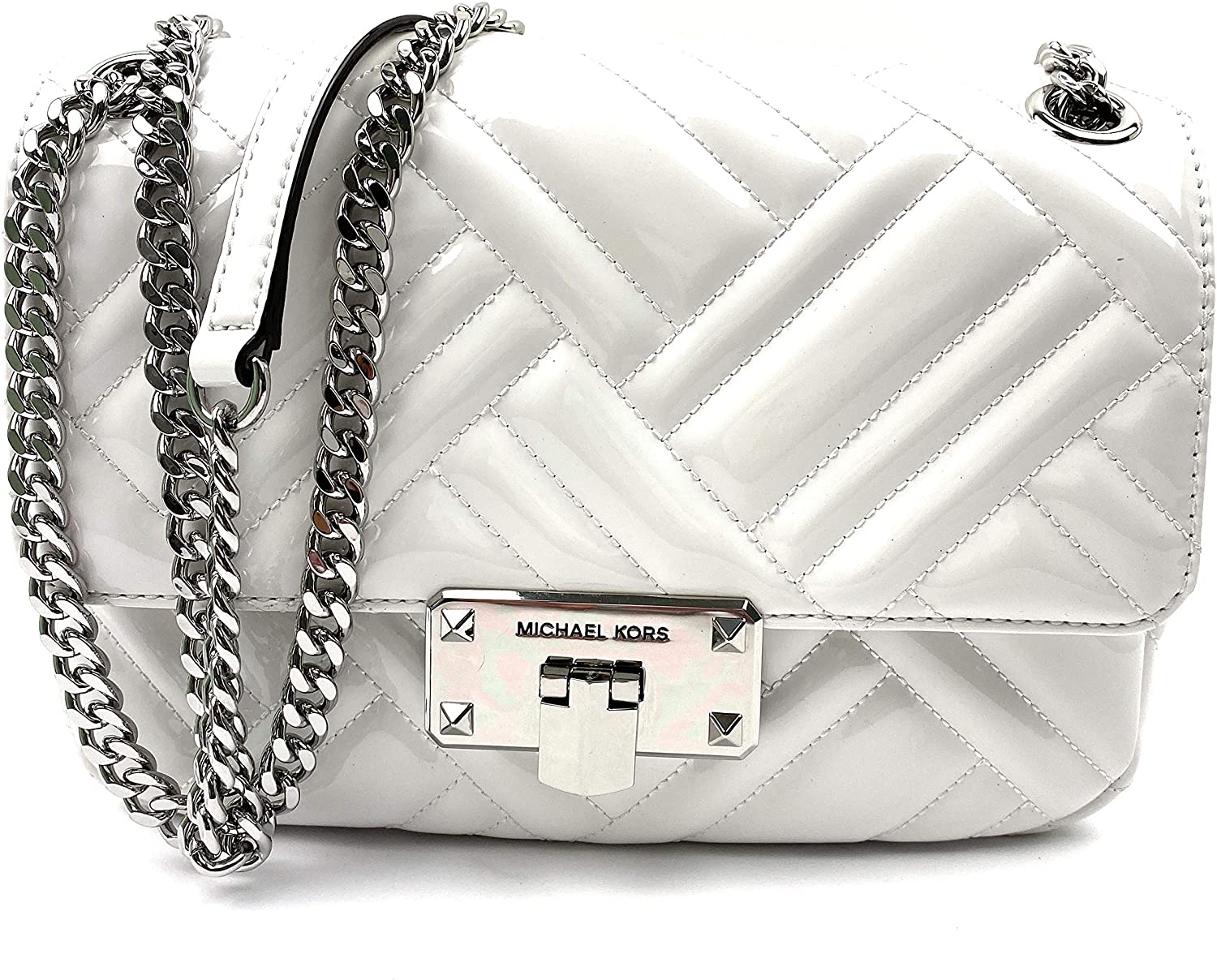 Price:$169.99 Michael Kors Peyton Medium Quilted Vegan Faux Leather Medium Shoulder Flap Bag (Optic White)  Handbags   