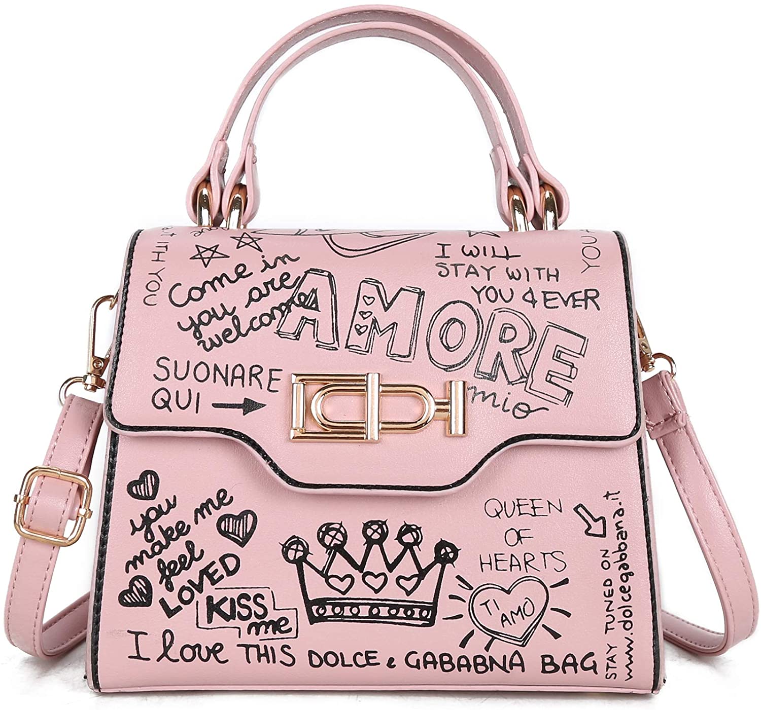 Price:$35.99 Women Color Graffiti Printed Shoulder Bags, Luxury Chain Handbags, Vintage Cool Graffiti Stylish, Messenger Bag, Small Square Bag (Pink)  Handbags   