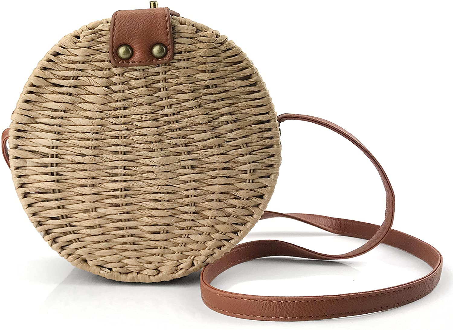 Price:$21.90 Round Straw Handwoven Shoulder Bag Women Cross body Bag for Summer Holiday (Brown)  Handbags   