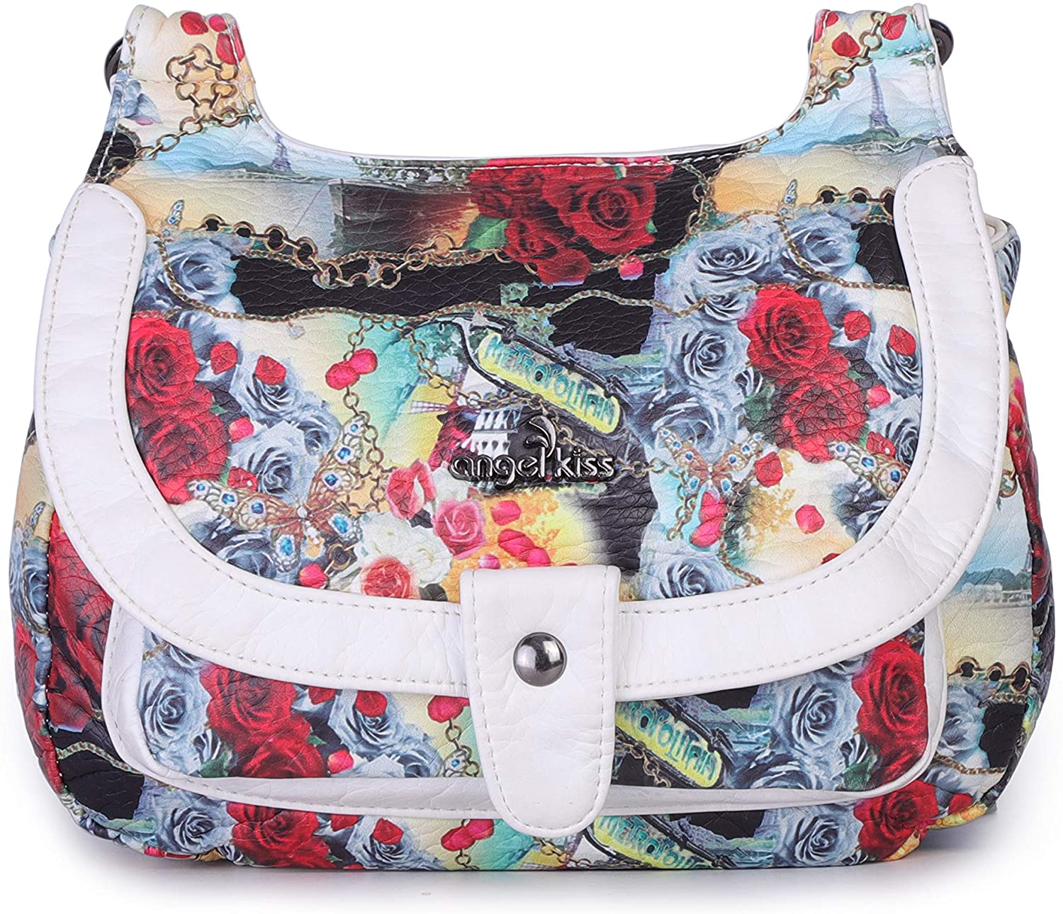 Price:$20.99 Angelkiss Leather Crossbody Bag Purse Wallet Bag For Women Pouch Lady Wallet with Shoulder Strap (White-Flower)  Handbags   