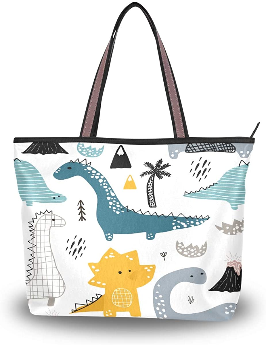 Price:$15.99    Women Zipper Handbag Large Top Tote Shoulder Bag Dino Scandinavian Style Casual Shopping Bag  Clothing