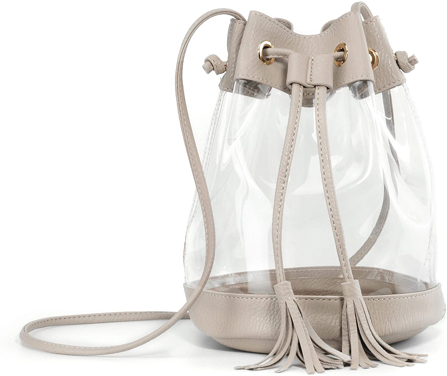 Price:$21.90 Clear Purse Drawstring Bucket Crossbody Bag with Tassel Women PVC shoulder handbag for stadium approved (Ivory)  Handbags   