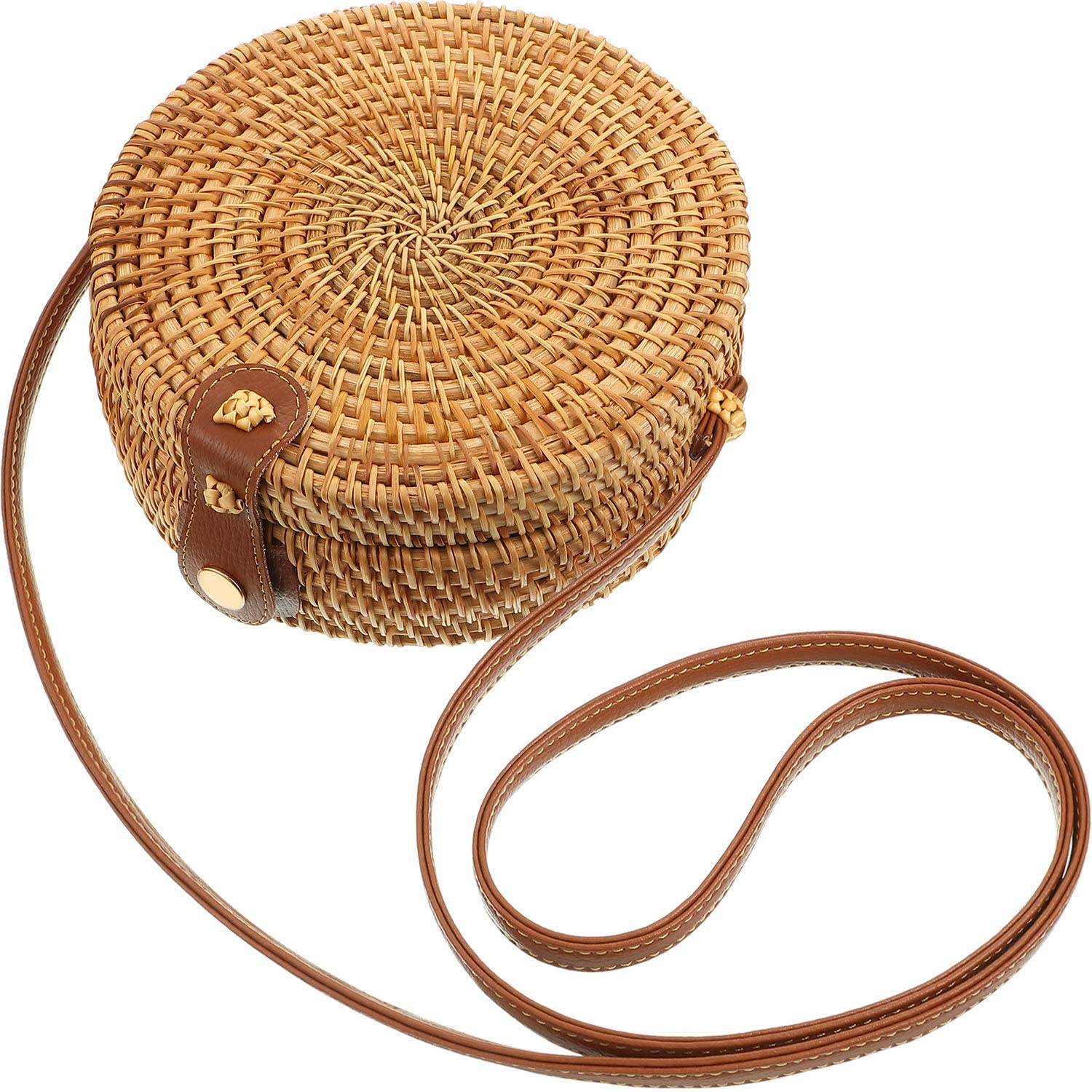 Price:$23.99 Handwoven Round Rattan Bag Crossbody Rattan Clutch Bag Woven Circle Bag Shoulder Bag Vintage Beach Style Boho Bag for Women Girls  Handbags   