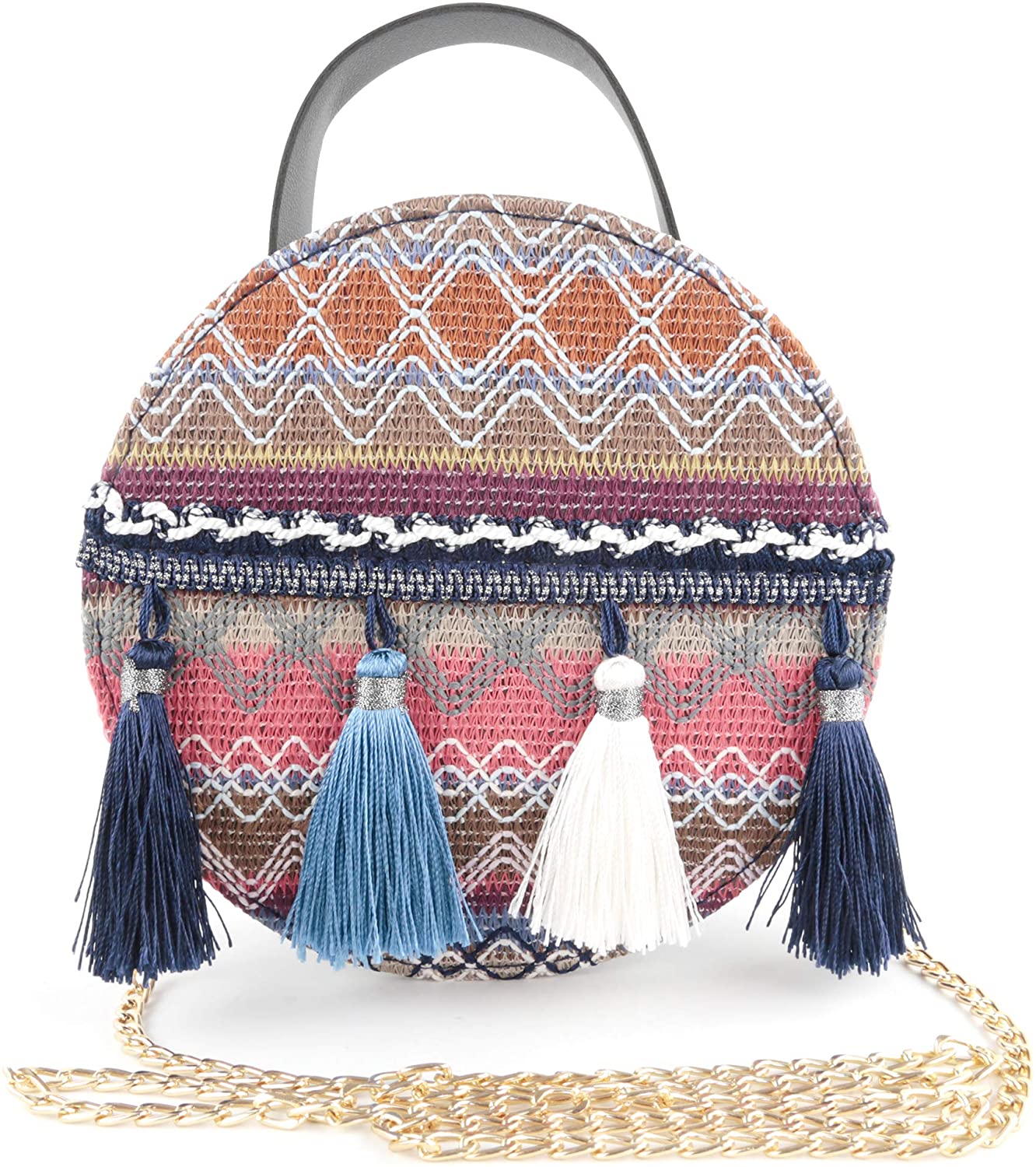 Price:$8.99    HXQ Small Circular Crossbody Purse for Woman,Tassels Knitting Characteristic Shoulder Bag  Clothing