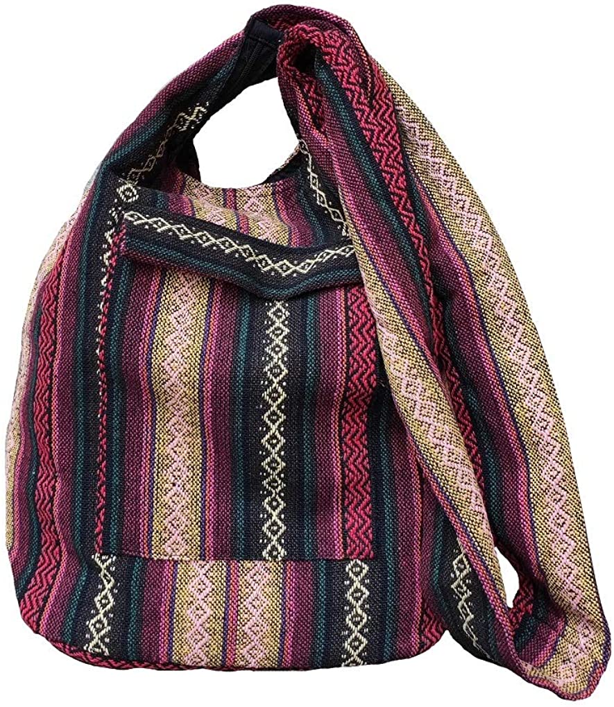 Price:$15.99 BTP! Thai Tribal Hmong Striped Ethnic Cotton Sling Crossbody Bag Shoulder Bags Handmade Ikat Top Zip Outside Pocket (RedGreen AP7)  Handbags   