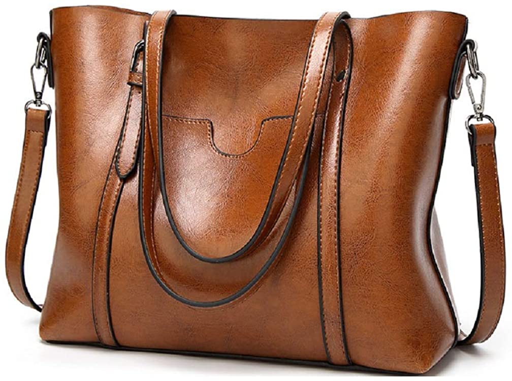 Price:$19.99 Nathalie Cross Body Bags for Women Vintage Style Soft Oil Wax Leather Shoulder Bag Tote Bag (Brown)  Handbags   