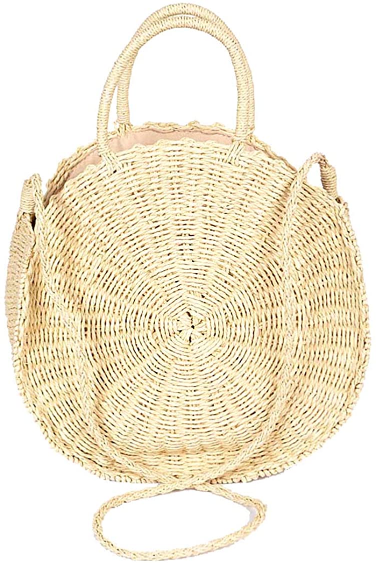 Price:$74.99    Light Natural Straw Top Handle Circle Handbag With Shoulder Strap, Crossbody Summer Vacation Beach Tote or Carrier Bag  Clothing