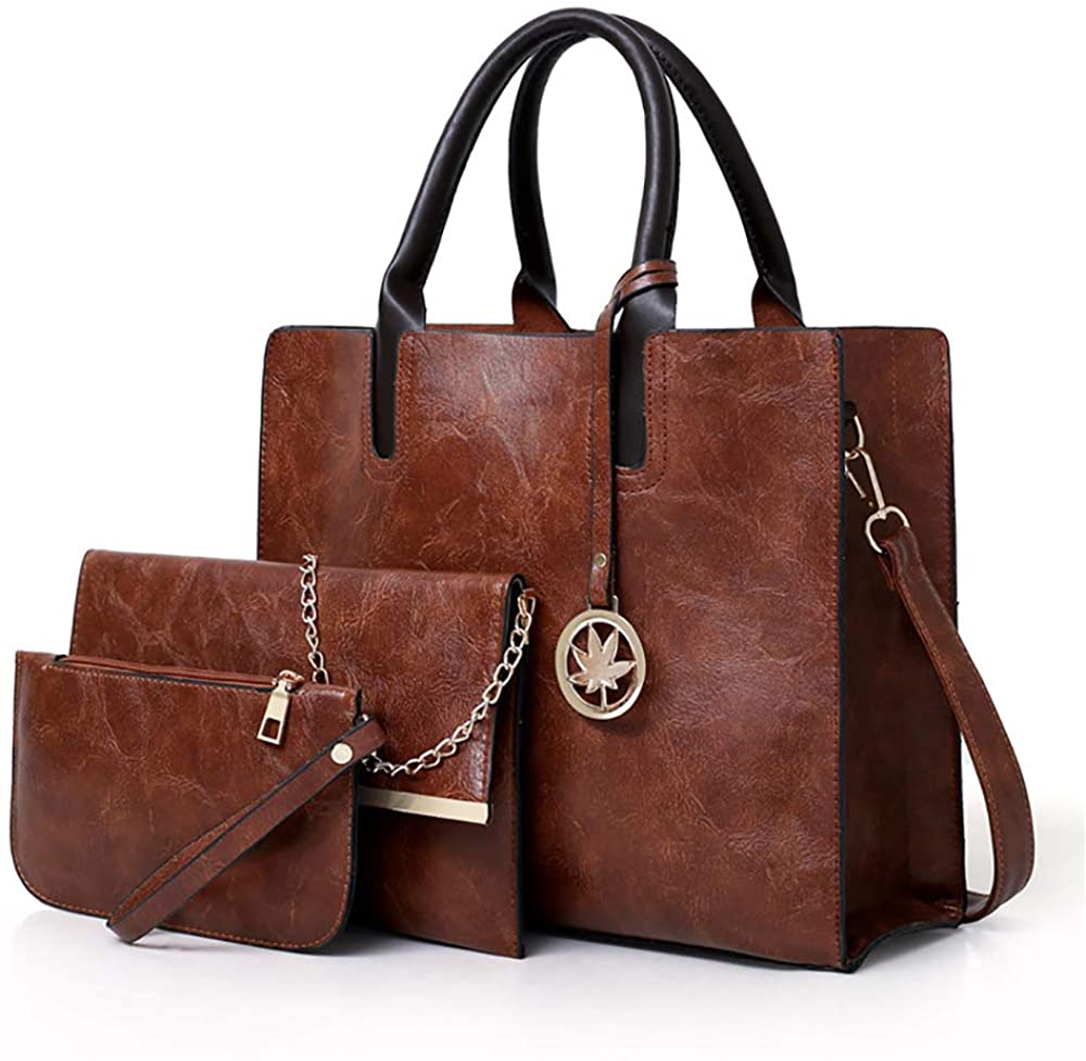 Price:$20.99    Women Handbags Sets 3 Pcs Large Capacity Handbag Chain Shoulder Bag Clutch Wrist Purse, Brown  Clothing