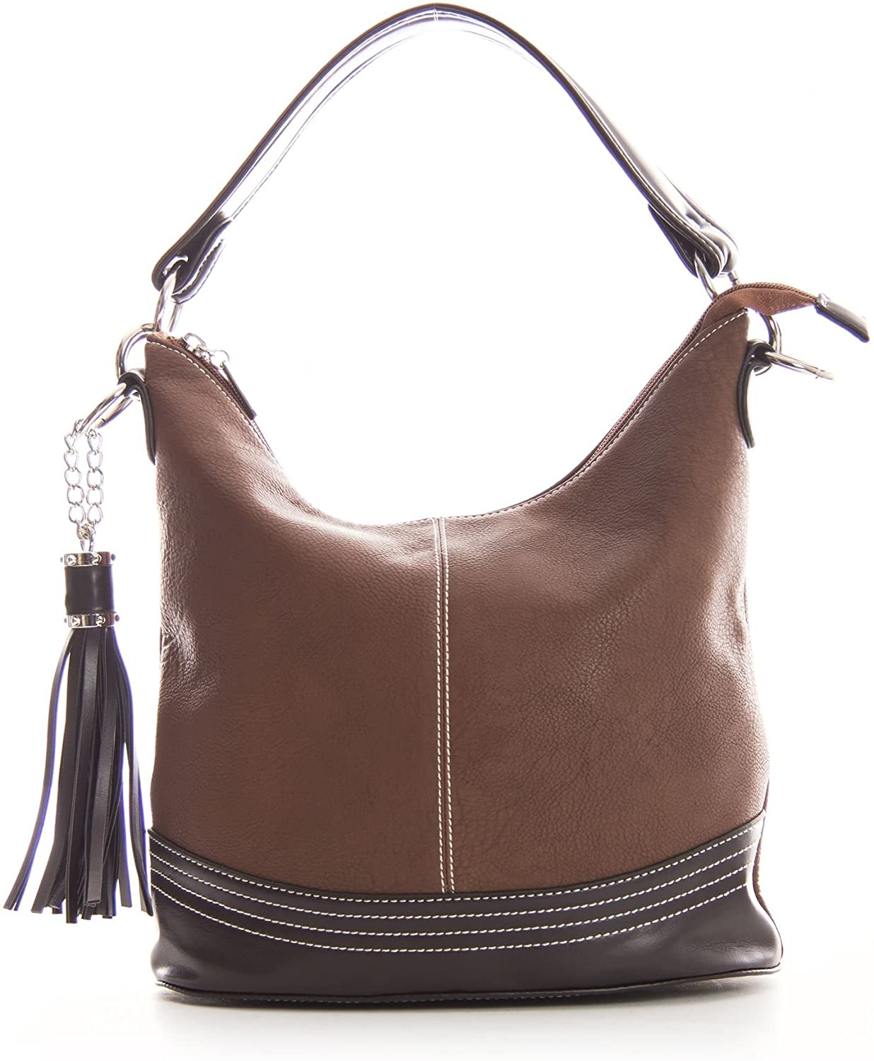 Price:$22.50   | Big Handbag Shop Womens Designer Top Handle Bucket Shape Contrast Trim Shoulder Satchel Bag - Medium Size (Dark Tan) | Shoes
