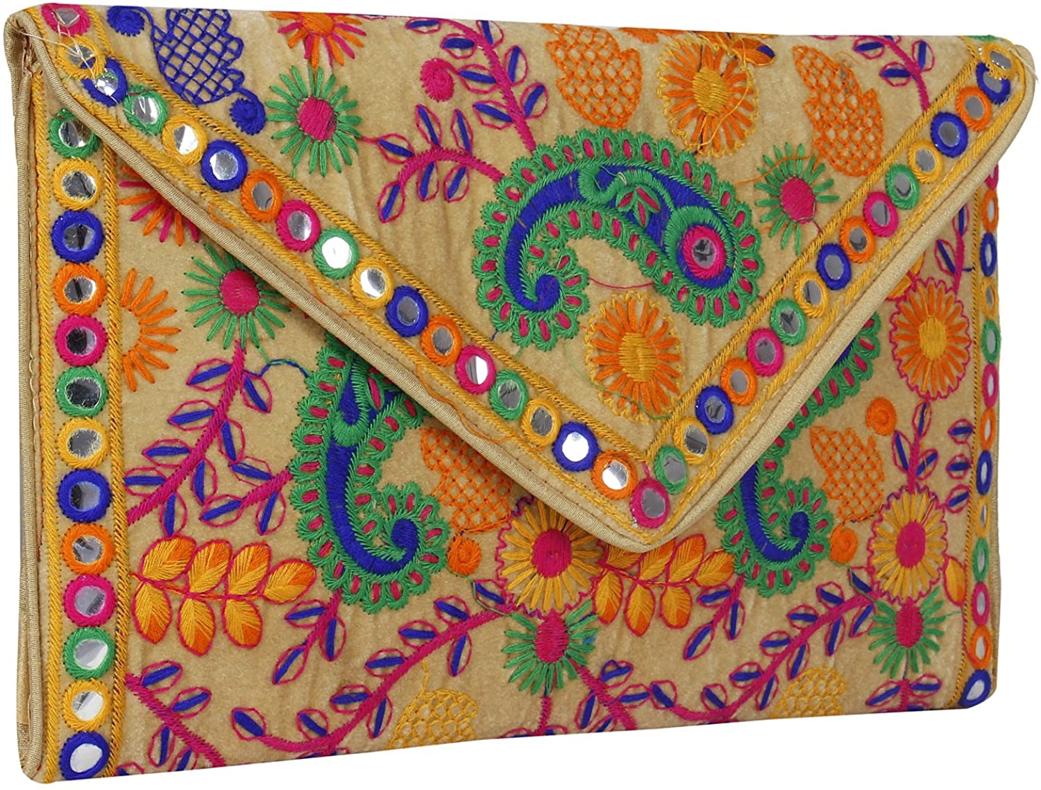 Price:$12.99 Rajasthani Designed Sling Bag, Foldover Clutch, Hand Bag, Shoulder Bag & Cross Body Bag for Women & Girls (Beige Color)  Handbags   