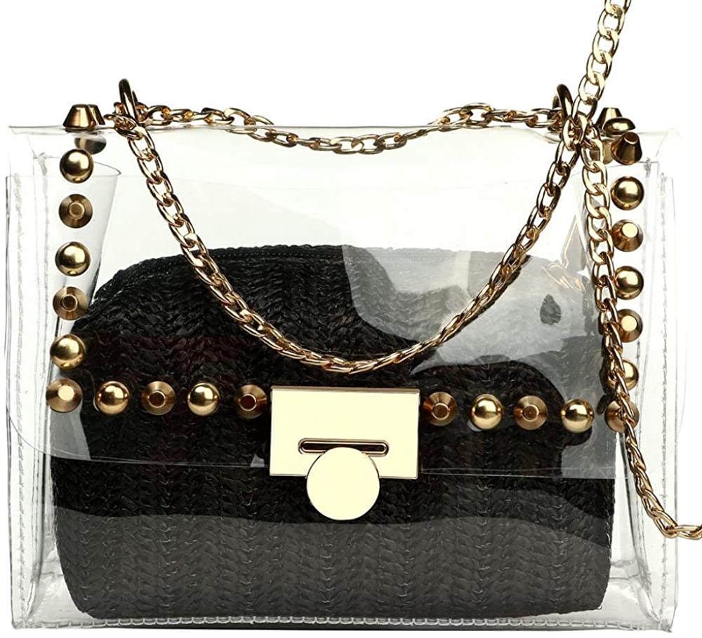 Price:$14.99 Women 2 in 1 Transparent Bag, Clear Purse Handbag Shoulder Crossbody Bag Clear Clutch Bag with Metal Chain (Black)  Handbags   