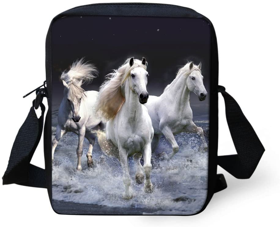Price:$8.99    UNICEU White Horse Print Shoulder Bag Girls Boys Teens Sling Purse Zipper Pockets  Clothing