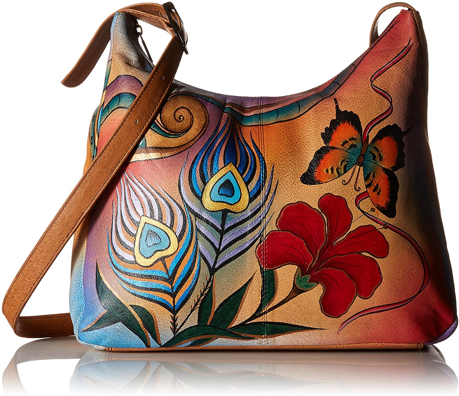 Price:$195.00    Anna by Anuschka Genuine Leather Hobo Shoulder Bag | Hand Painted Original Artwork | Peacock Butterfly  Clothing
