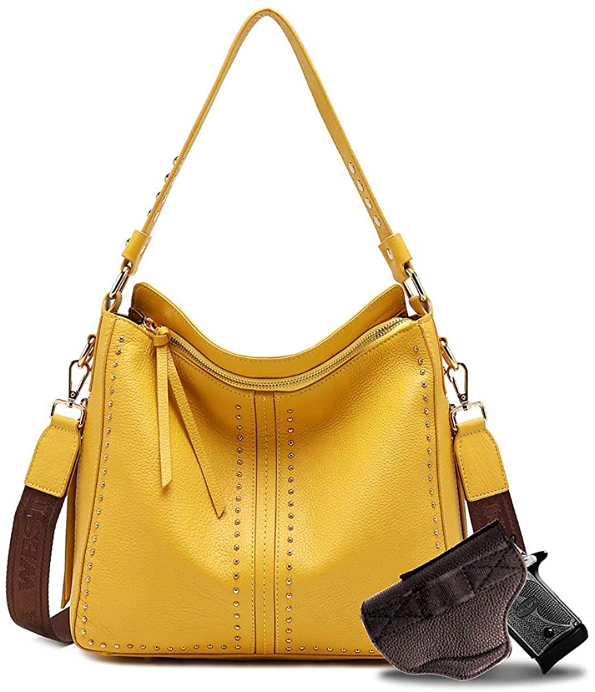 Price:$59.99 Montana West Genuine Leather Concealed Carry Purses And Handbags For Women Pistol Handle Tote Yellow MWL-005YEL  Handbags   
