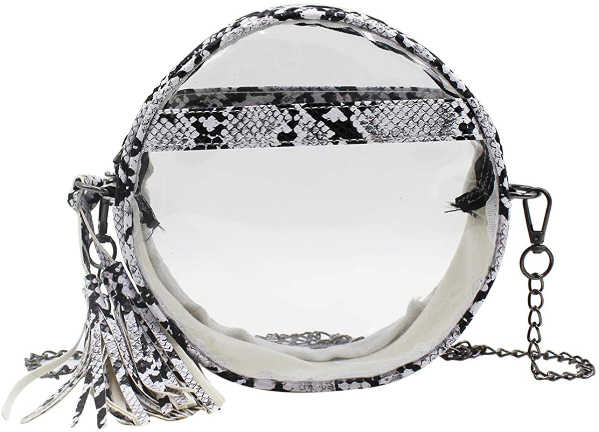 Price:$9.99 Women Clear Snakeskin Pattern Crossbody Bag Round Transparent Shoulder Handbag with Tassel  Handbags   
