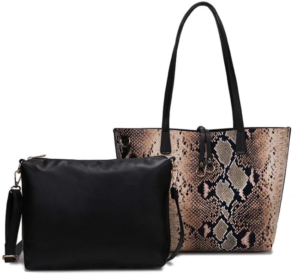 Price:$19.99    FiveloveTwo Women Ladies 2pcs Handbag Set Tote Satchel Shoulder Bag Snake Pattern PU Leather Top Handle Bag Purse Apricot  Clothing