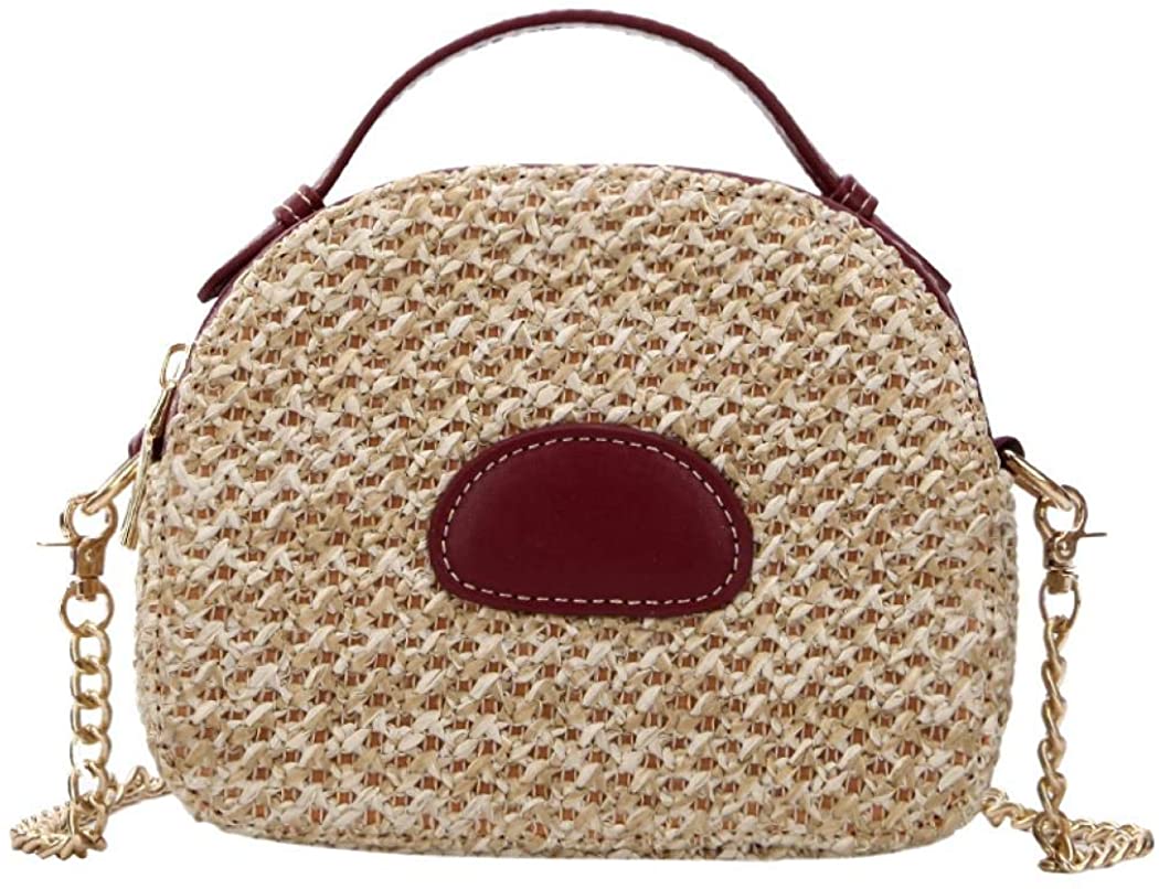 Price:$18.99 Puedo Exquisite Handmade Straw Bag Women Rattan Woven Shoulder Handbag Summer Beach Crossbody Bag (Red)  Handbags   